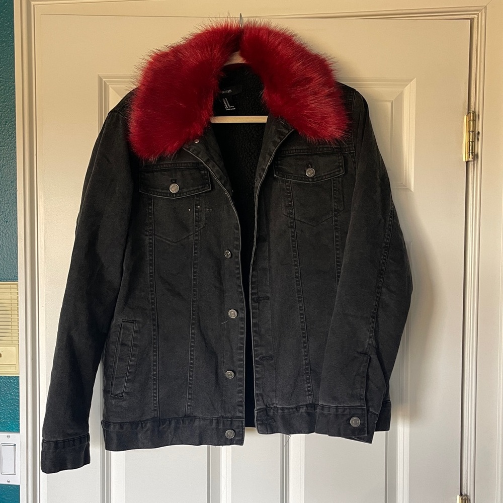 Women's Black Jacket with Red Faux Fur Collar